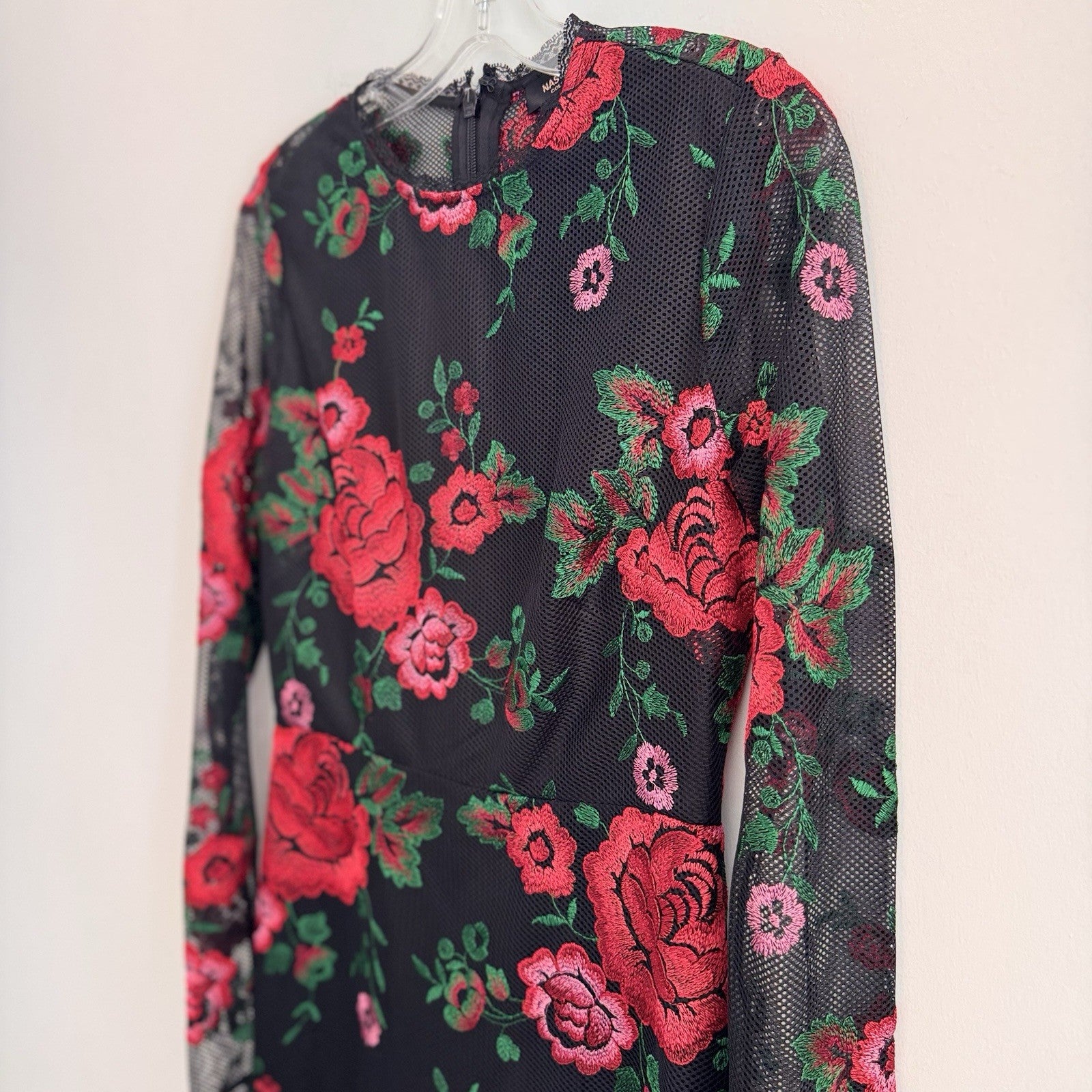 Nasty Gal Collection Women's S Black Mesh Red Rose Floral Embroidered Mini Dress