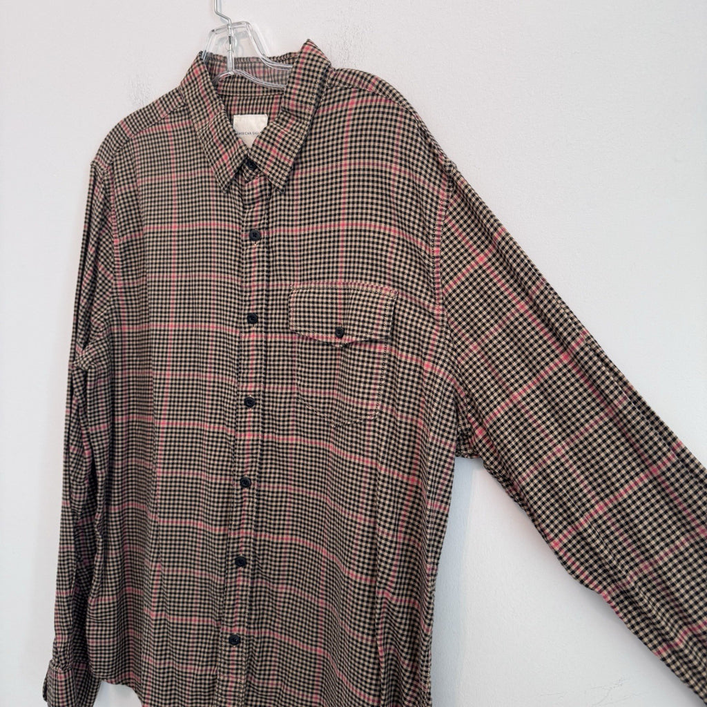 American Eagle XL Plaid Button Up Shirt Pink Tan Black Flannel Y2K
