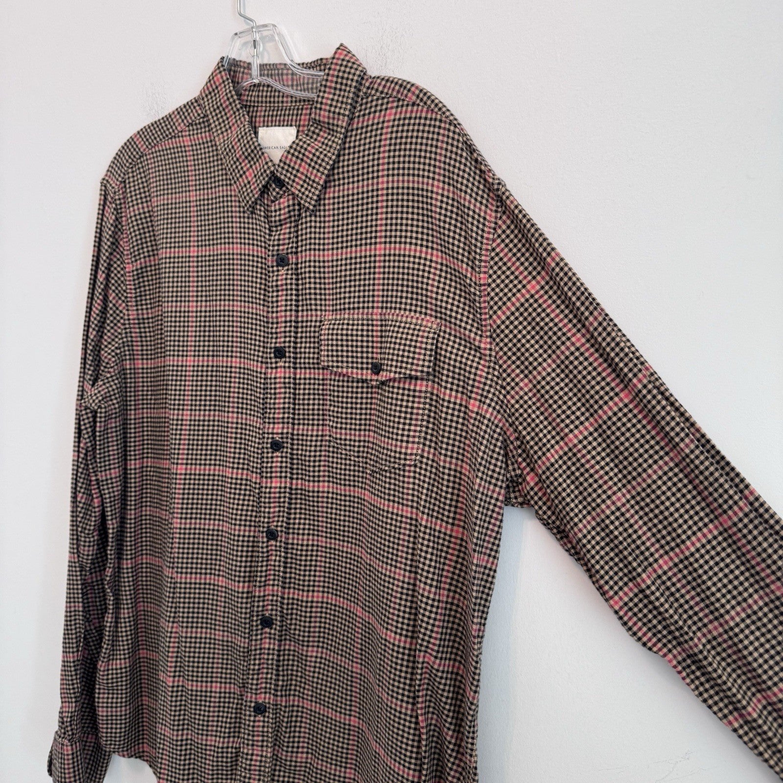 American Eagle XL Plaid Button Up Shirt Pink Tan Black Flannel Y2K