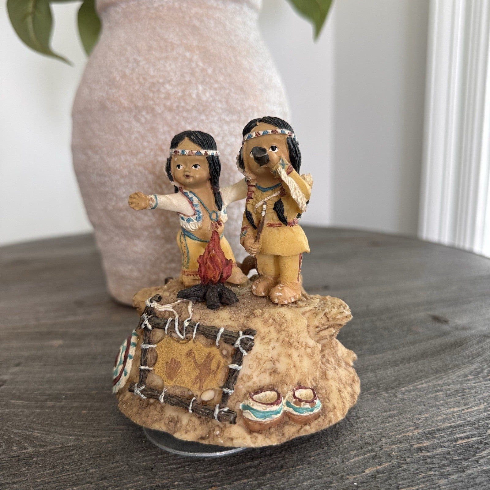 Vintage Native American Children Music Box Campfire Figurine Resin Decor Indian
