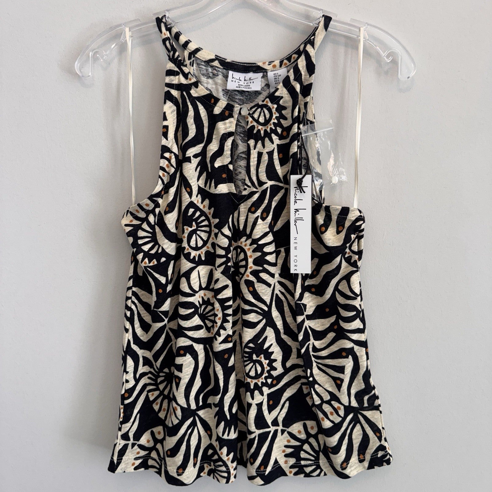 NWT Nicole Miller New York Small Linen Blend Boho Print Halter Tank Top Women’s