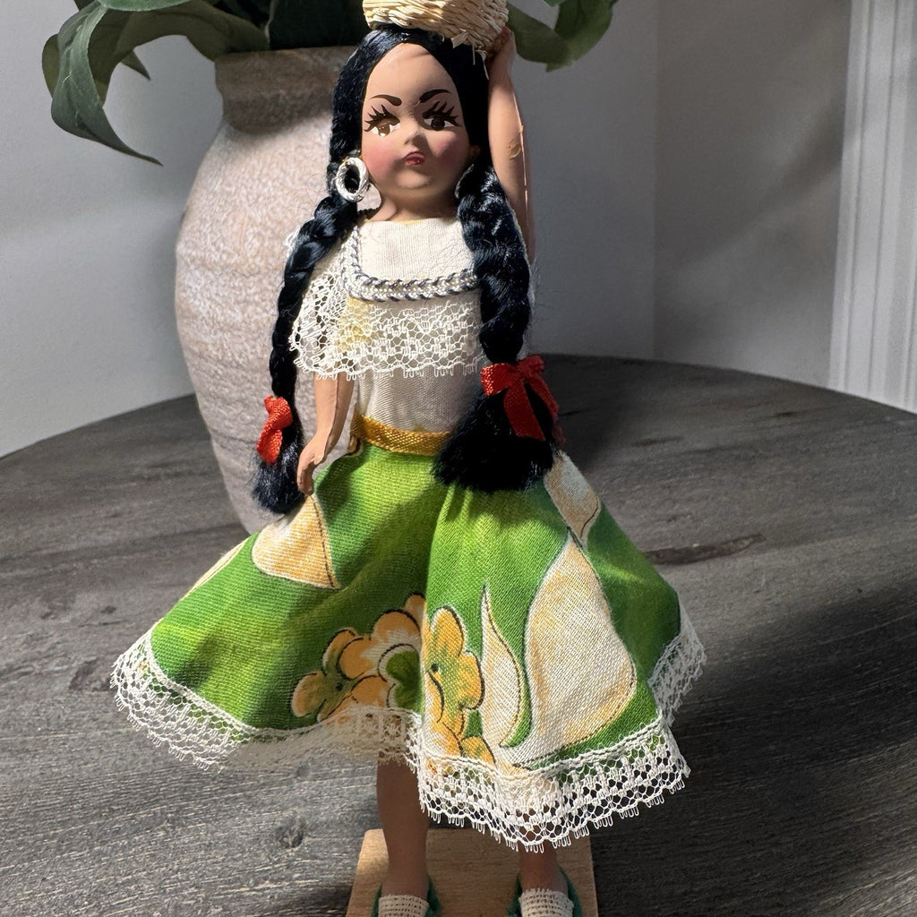 Vintage Venezuela Folk Art Doll Hand Painted 9" Souvenir Basket Wooden Base