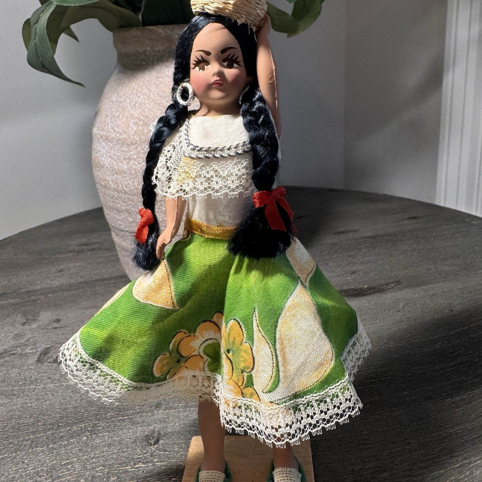 Vintage Venezuela Folk Art Doll Hand Painted 9" Souvenir Basket Wooden Base