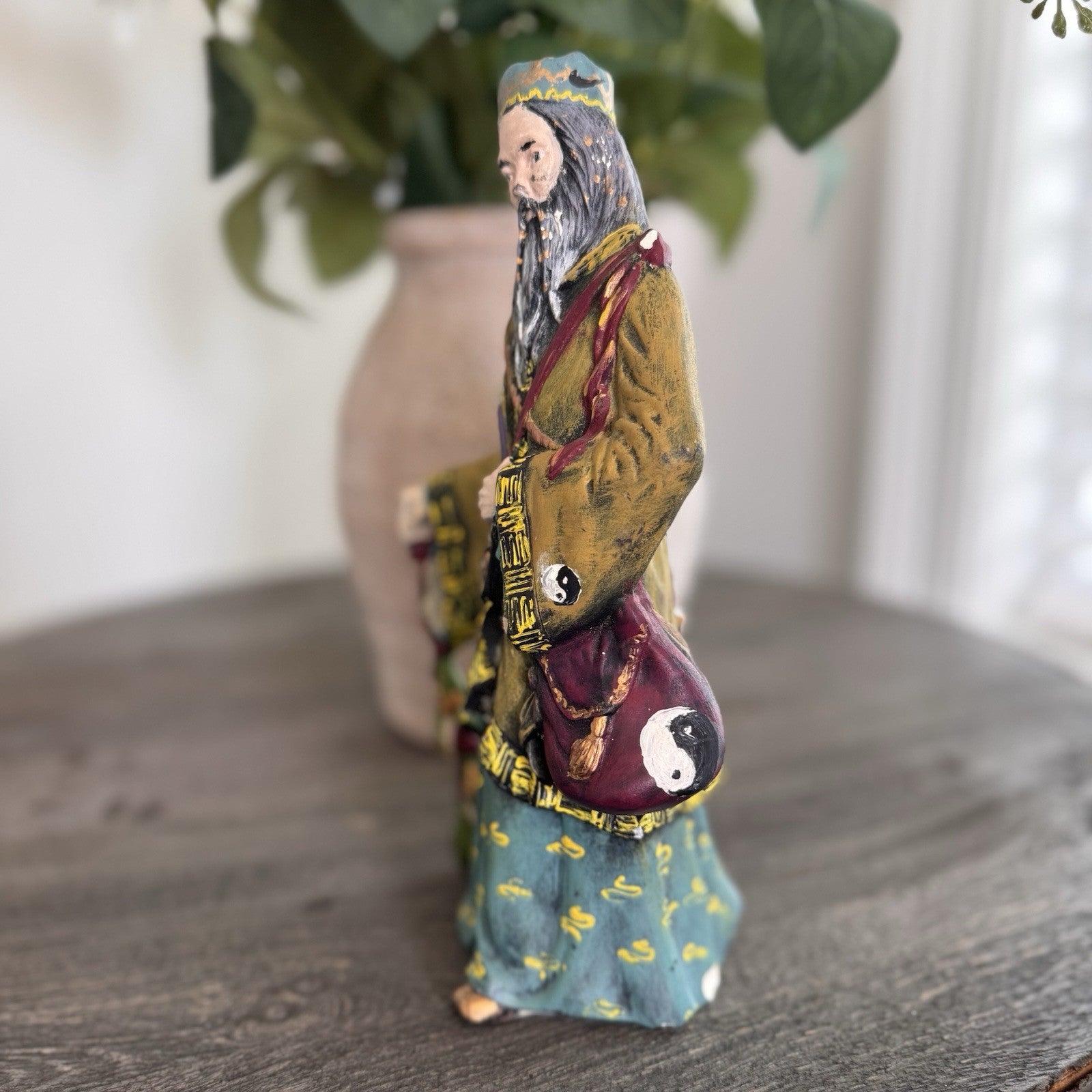 Vintage Oriental Wizard Figurine Wise Man Yin Yang Immortals Chinoiserie 9"