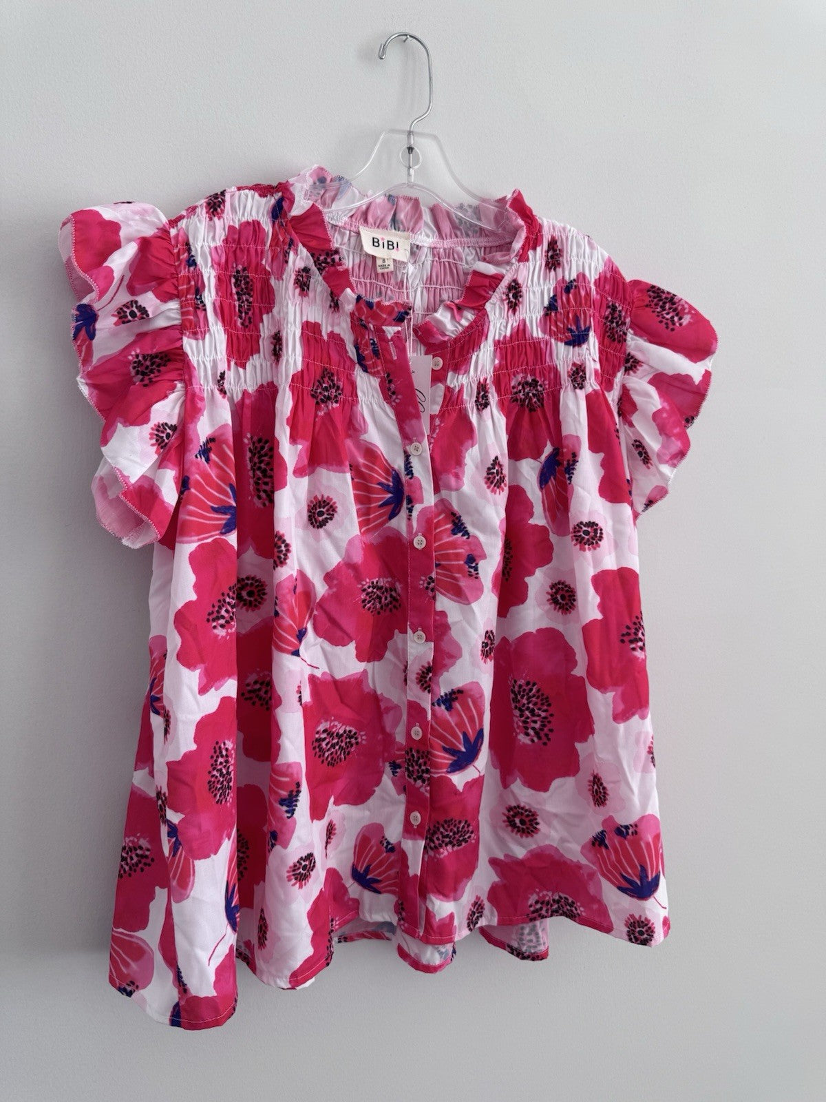 BiBi Pink Floral Blouse Small Smocked Ruffle Sleeve Button Front Top