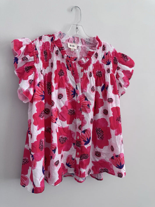 BiBi Pink Floral Blouse Small Smocked Ruffle Sleeve Button Front Top