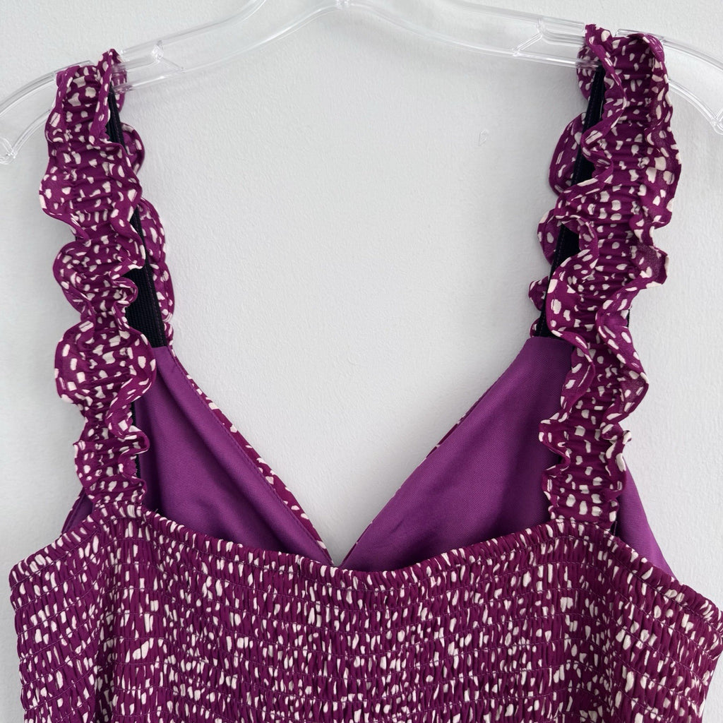 Sienna Sky Dress L Magenta White Print Ruffle Strap Midi Lined NWT
