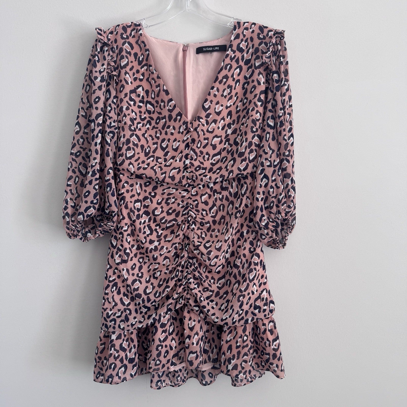 Sugar Lips Leopard Print Dress Small Ruched Ruffle Long Sleeve