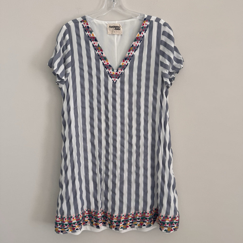Savanna Jane Striped Embroidered Dress Women's Size L V-Neck Boho Blue White