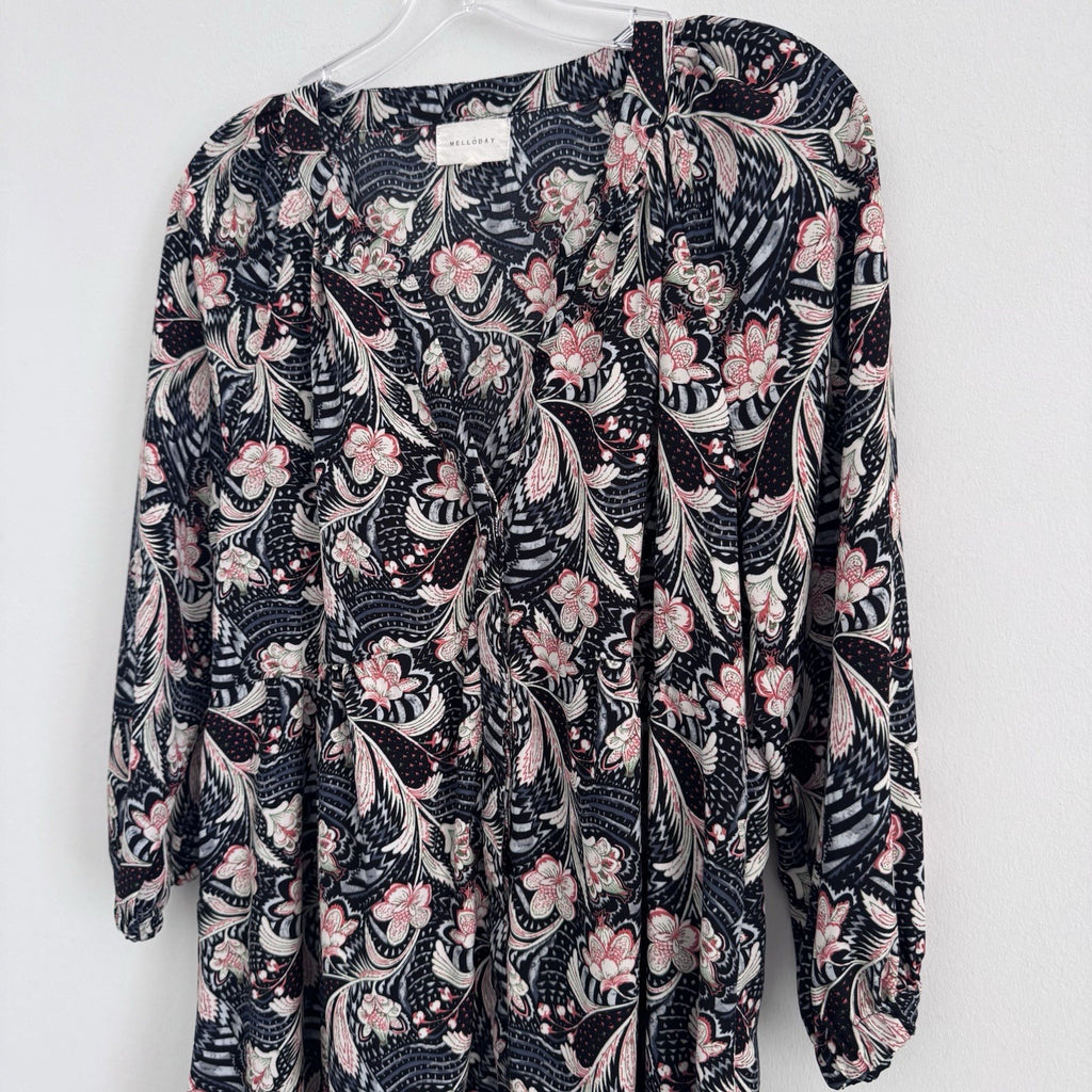 Melloday Womens M Floral Button Front Dress Long Sleeve Boho