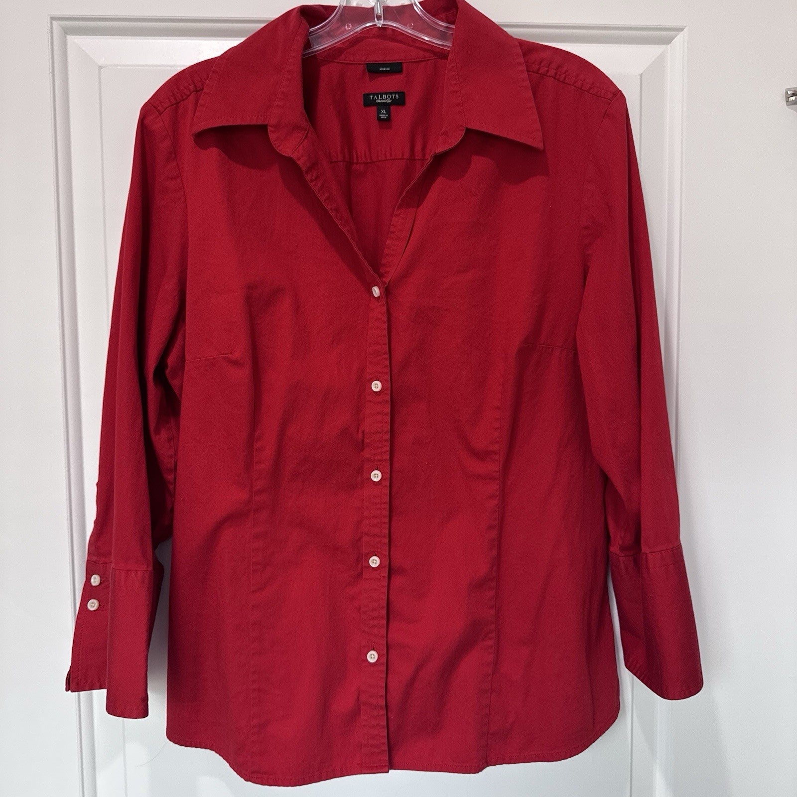 Talbots Stretch Button Down Shirt Red XL Long Sleeve Blouse Career Womens