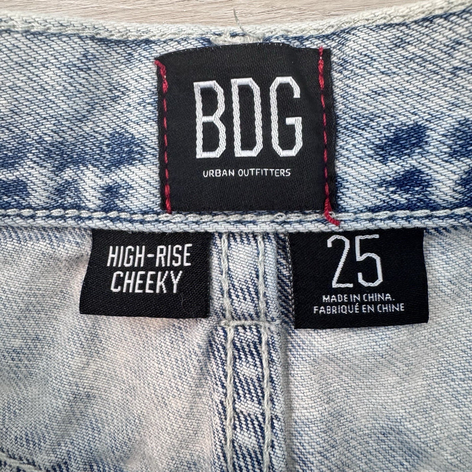 BDG Urban Outfitters High Rise Cheeky Pink Fringe Denim Shorts Acid Wash 25 Y2K