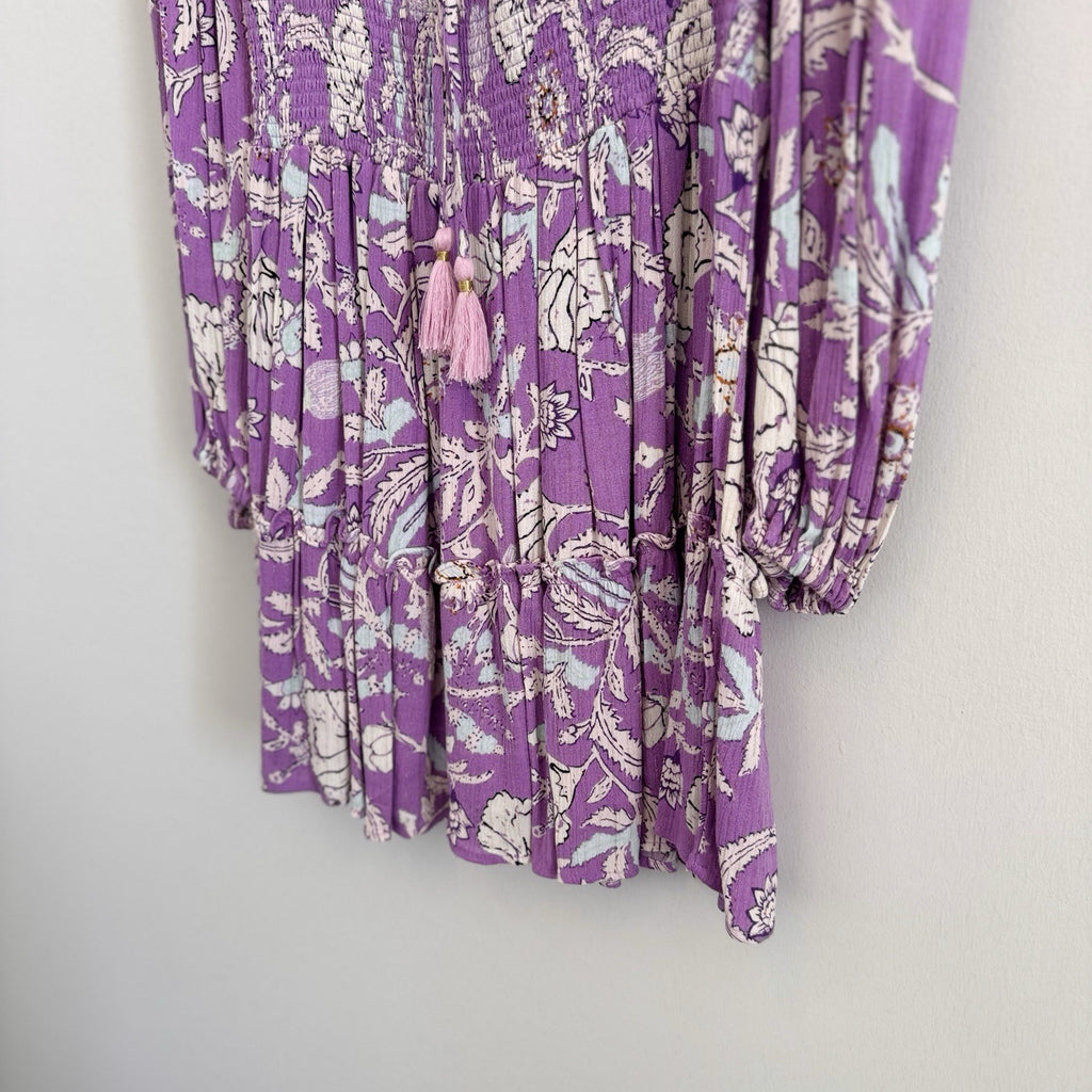House of Harlow 1960 Paisley Pink Purple Smocked Boho Tiered Short Dress Size S