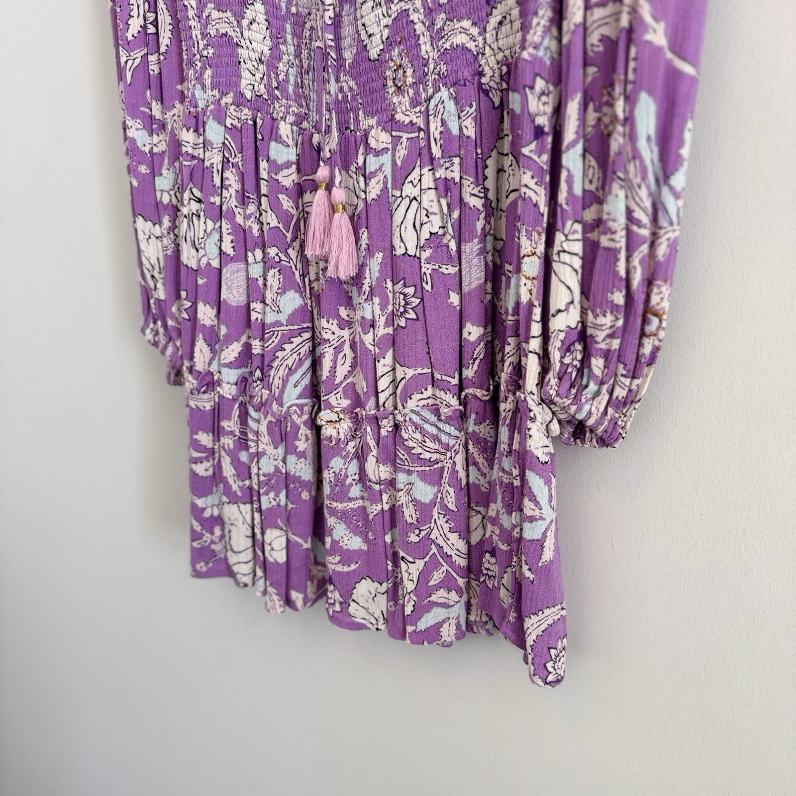 House of Harlow 1960 Paisley Pink Purple Smocked Boho Tiered Short Dress Size S