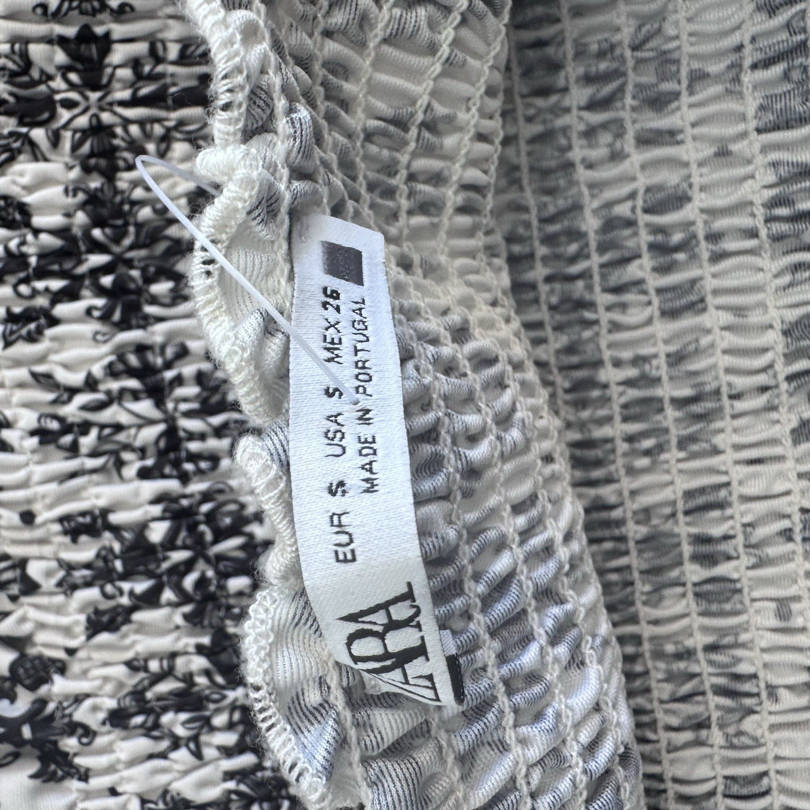 ZARA Smocked Strapless Top Women Small Black White Floral Stripe Hem 