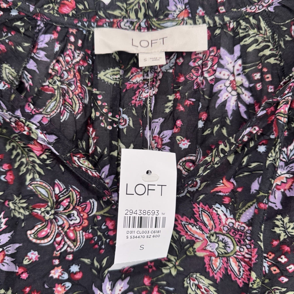 LOFT Floral Long Sleeve Ruffle Blouse Black Pink Purple Top Size Small NWT