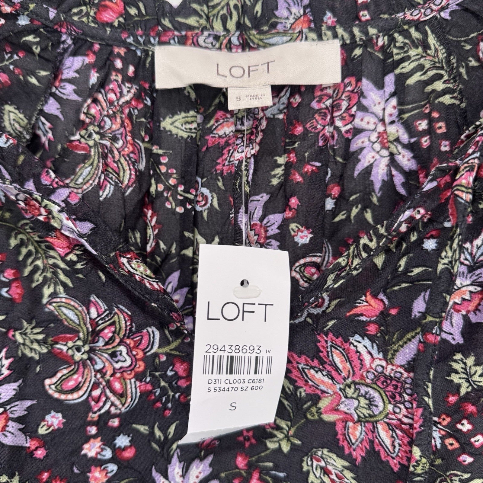 LOFT Floral Long Sleeve Ruffle Blouse Black Pink Purple Top Size Small NWT