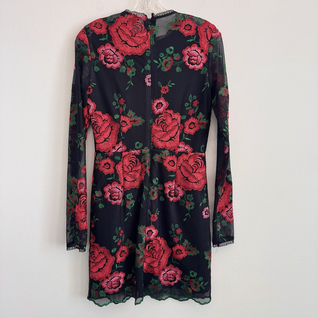 Nasty Gal Collection Women's S Black Mesh Red Rose Floral Embroidered Mini Dress