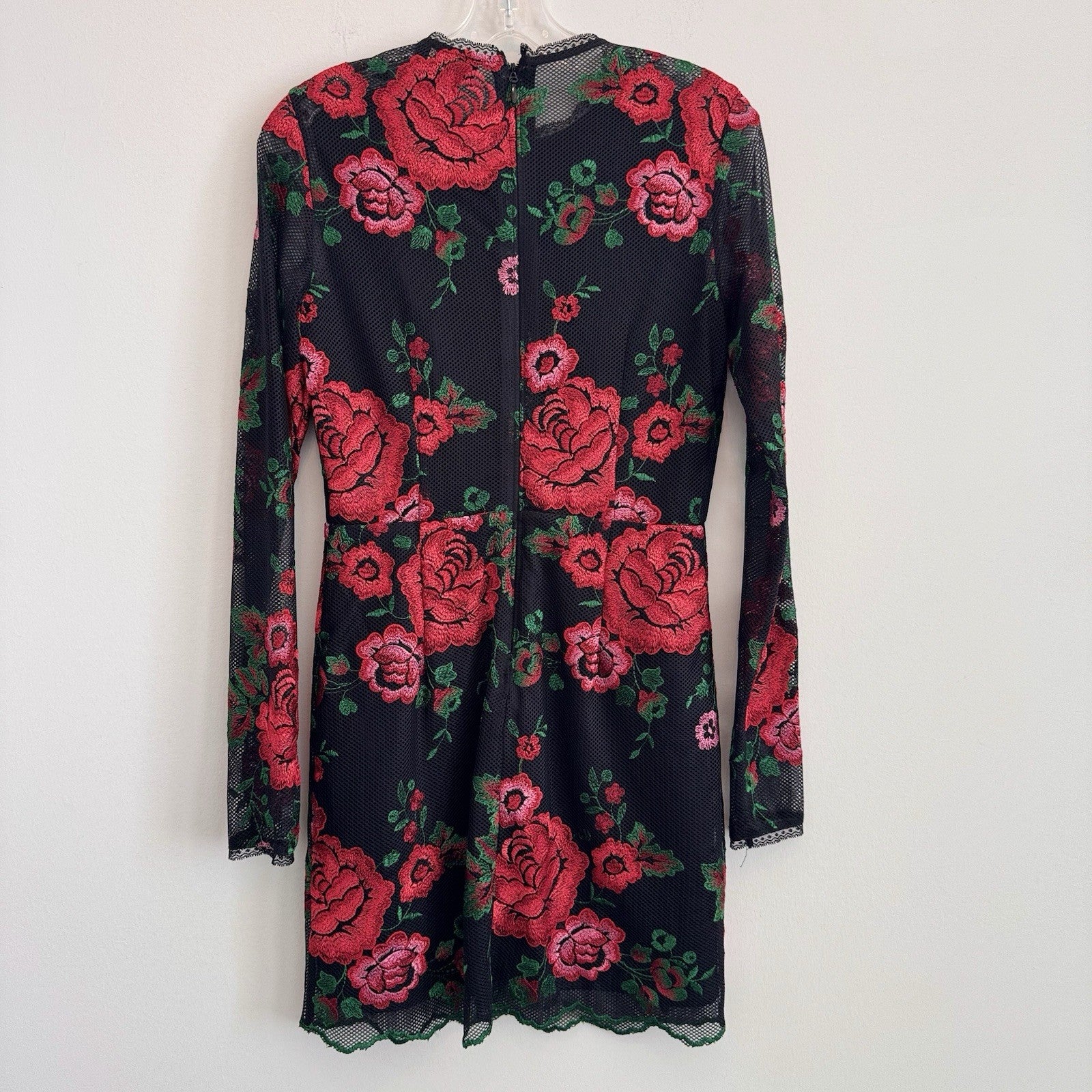 Nasty Gal Collection Women's S Black Mesh Red Rose Floral Embroidered Mini Dress