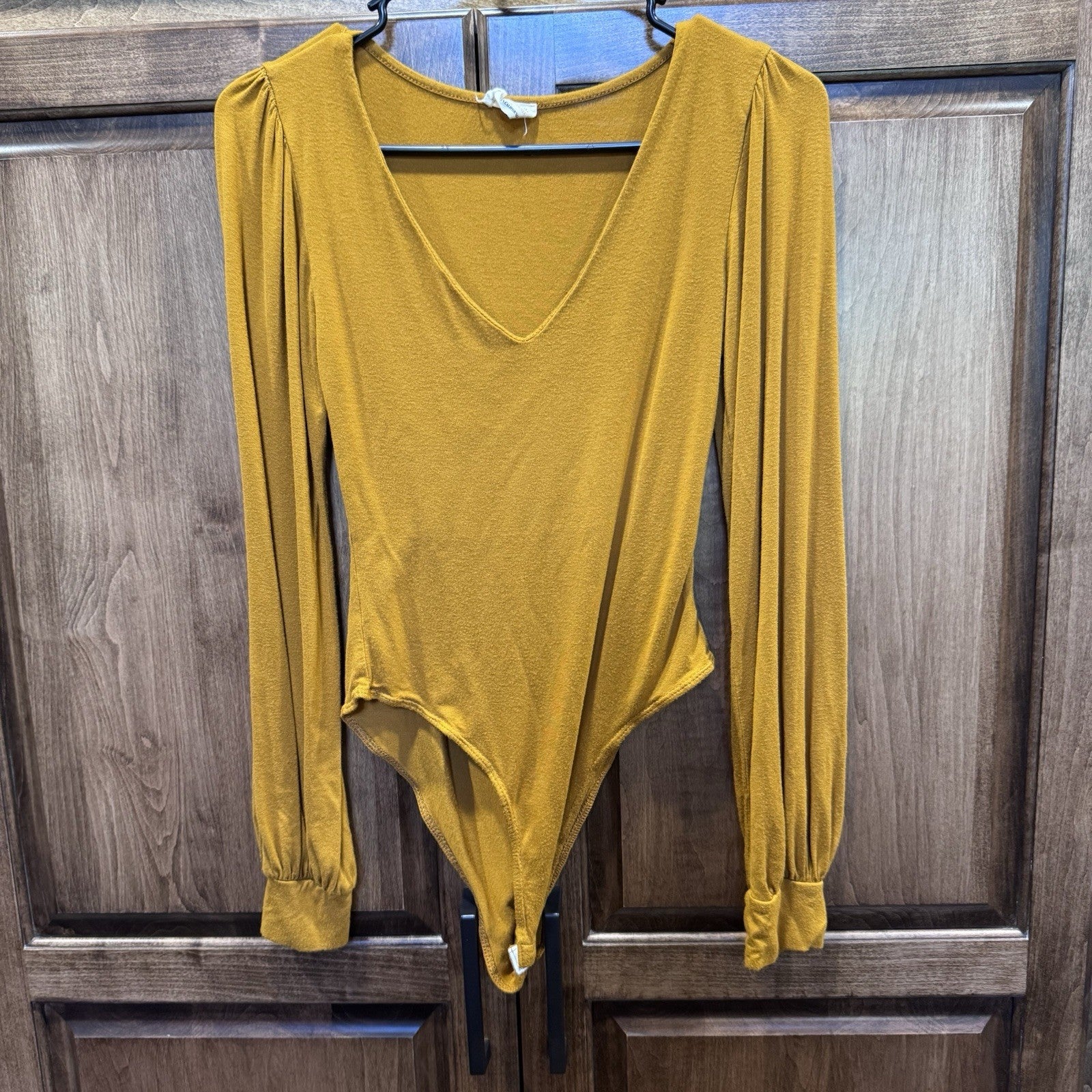 Peach Love California Mustard Yellow Long Sleeve Bodysuit V-Neck Puff Sleeve Sm