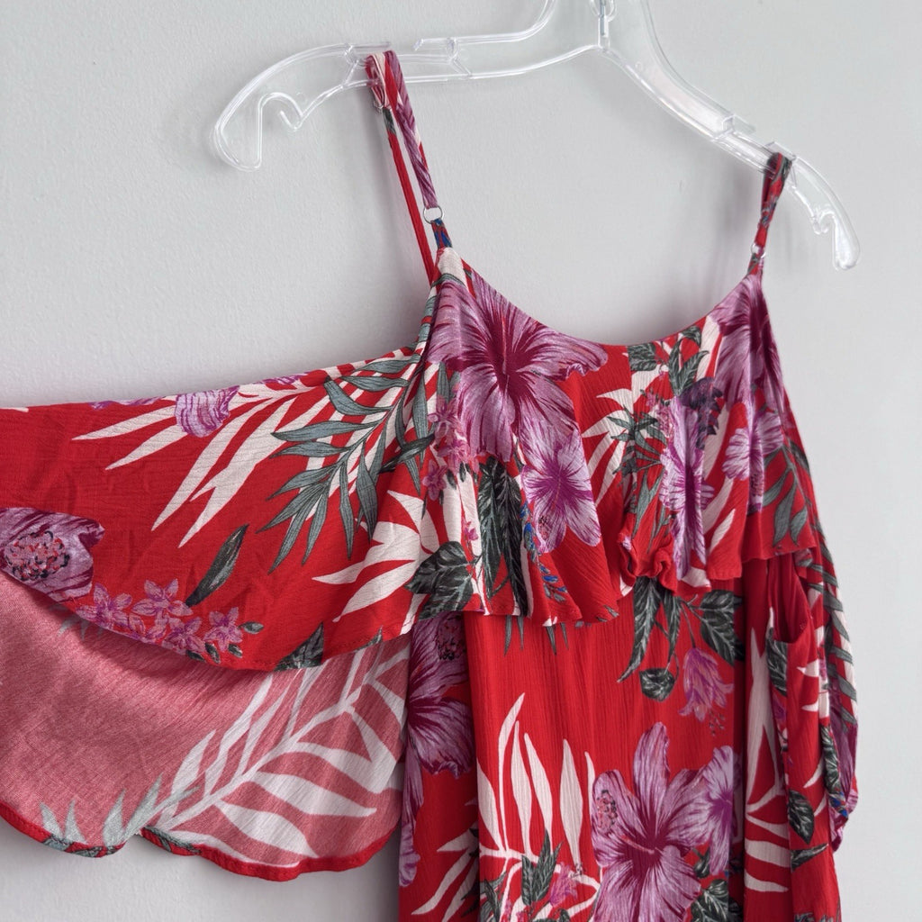 Miss Me Red Tropical Floral Cold Shoulder Dress Sz M Ruffle Sleeve