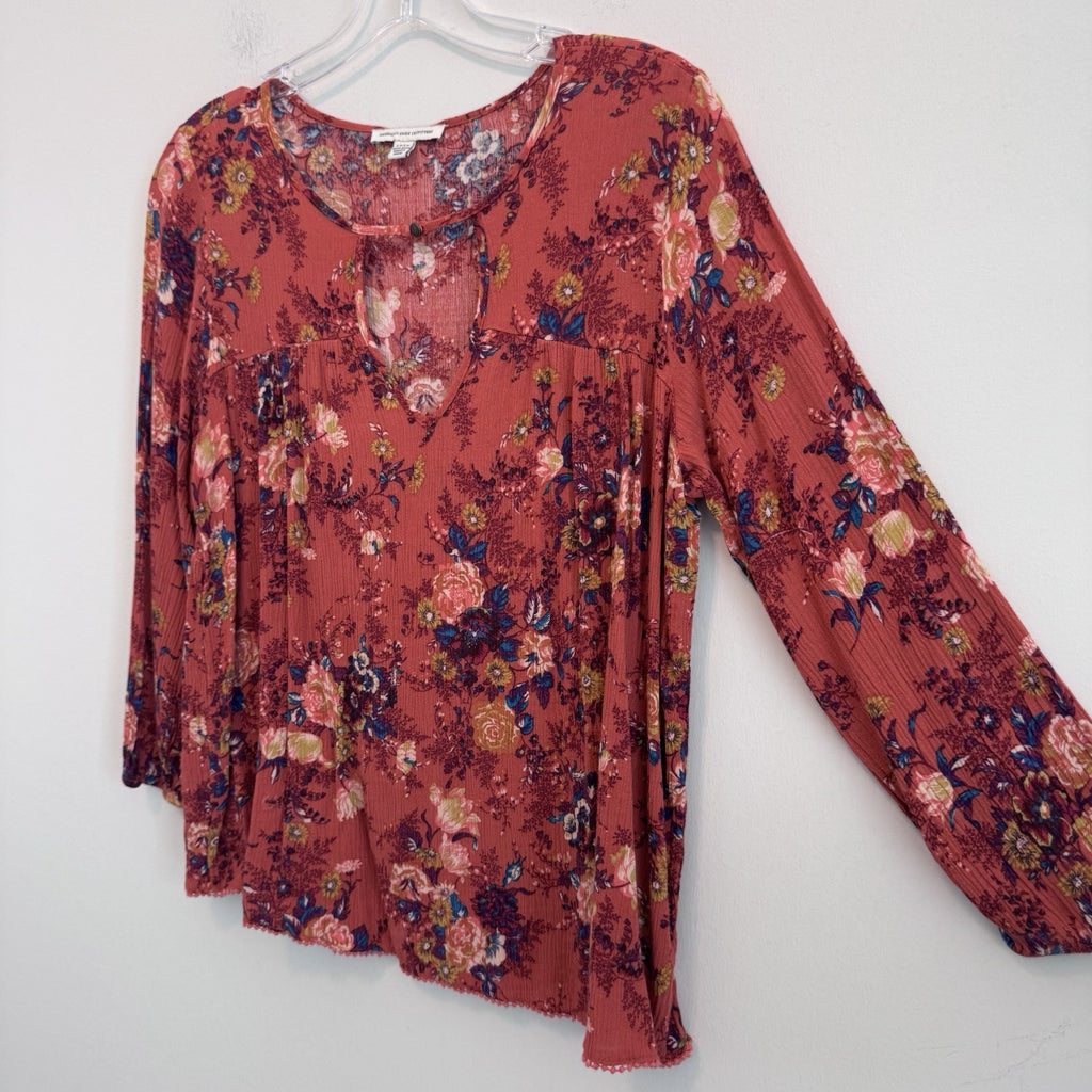 American Eagle Floral Boho Peasant Top Small Coral Pink Keyhole Long Sleeve