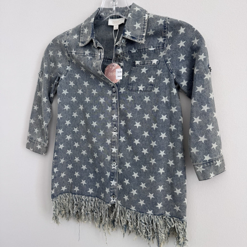 ODDI Kids Star Print Denim Dress Small Fringe Hem Button Front NWT