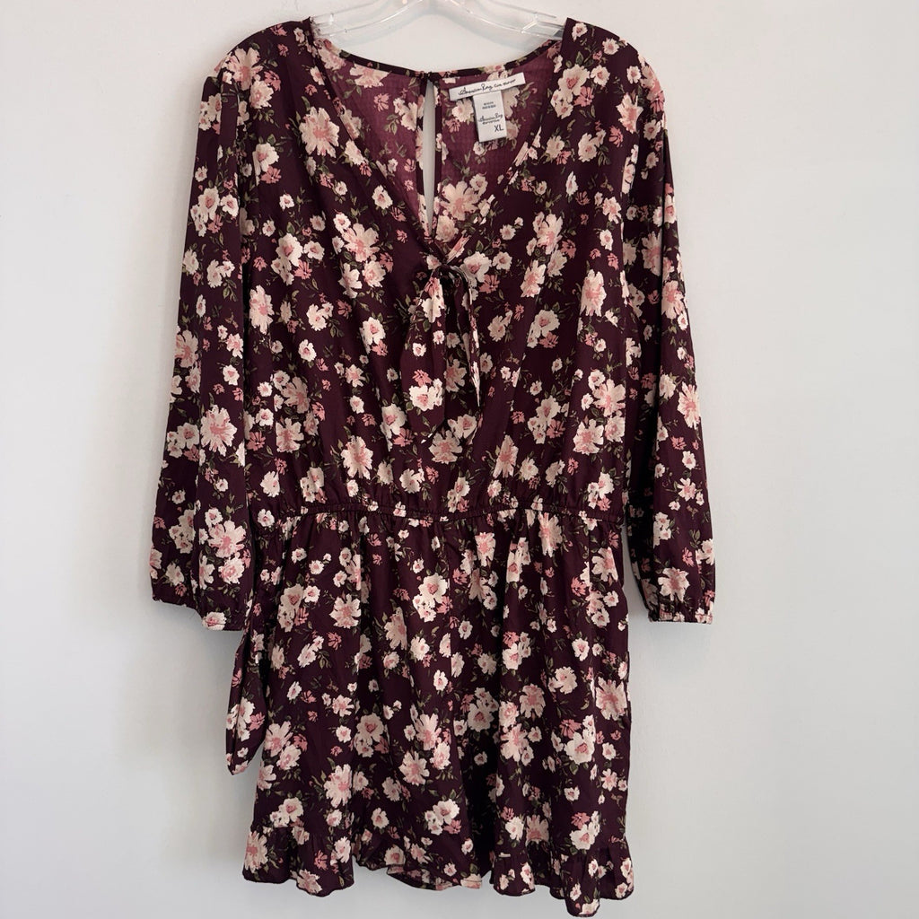 American Rag Cie Romper XL Burgundy Rose Floral Ruffle Hem Tie Front Pockets