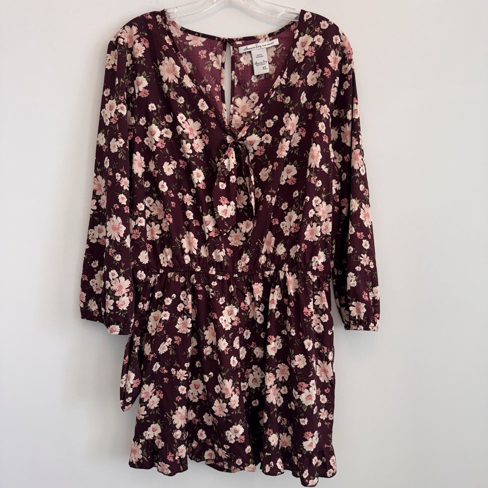 American Rag Cie Romper XL Burgundy Rose Floral Ruffle Hem Tie Front Pockets