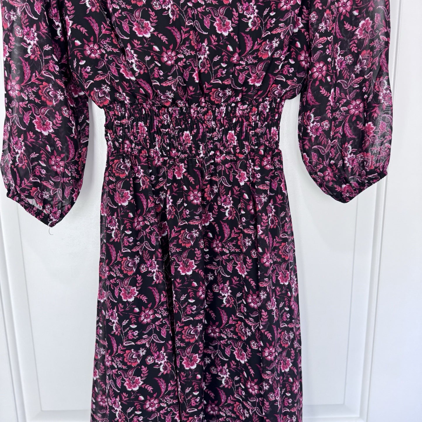 Kate and Lily Floral Midi Dress – Women’s Size 4 – Black & Pink – Long Sleeve