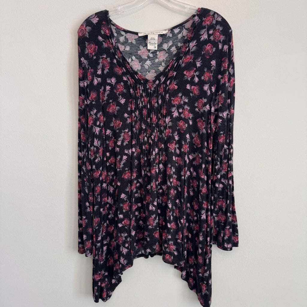 American Rag Floral Tunic Top 1X Black Pink Roses Boho Handkerchief Hem Women’s