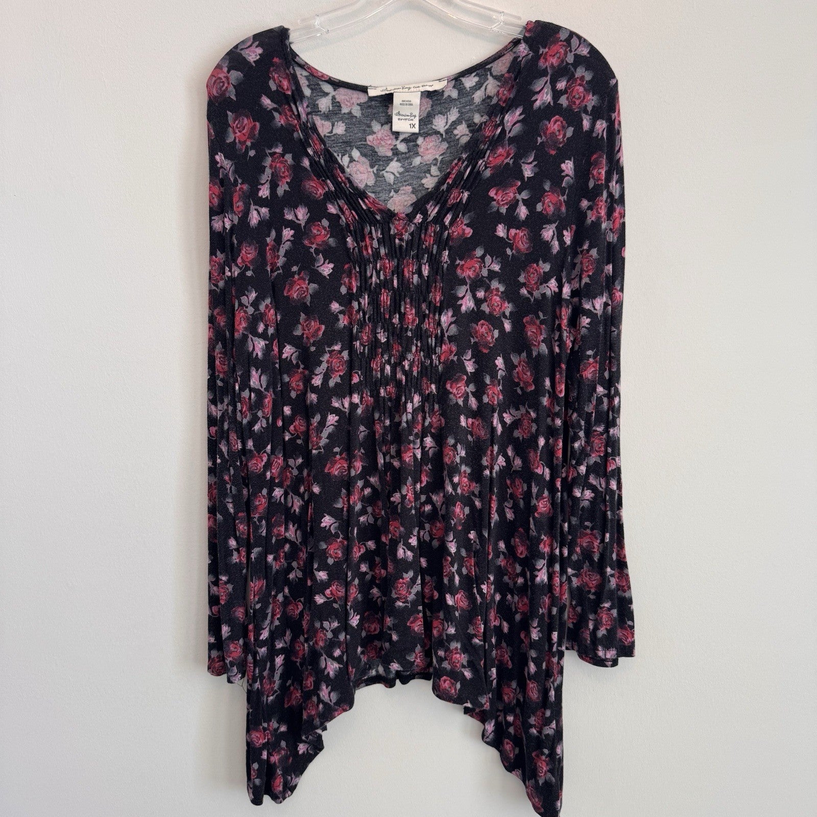 American Rag Floral Tunic Top 1X Black Pink Roses Boho Handkerchief Hem Women’s