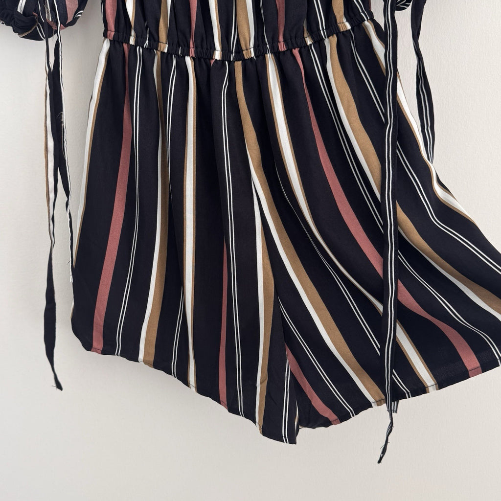 She + Sky Striped Romper Women's Size S Puff Sleeve Off the Shoulder Boho