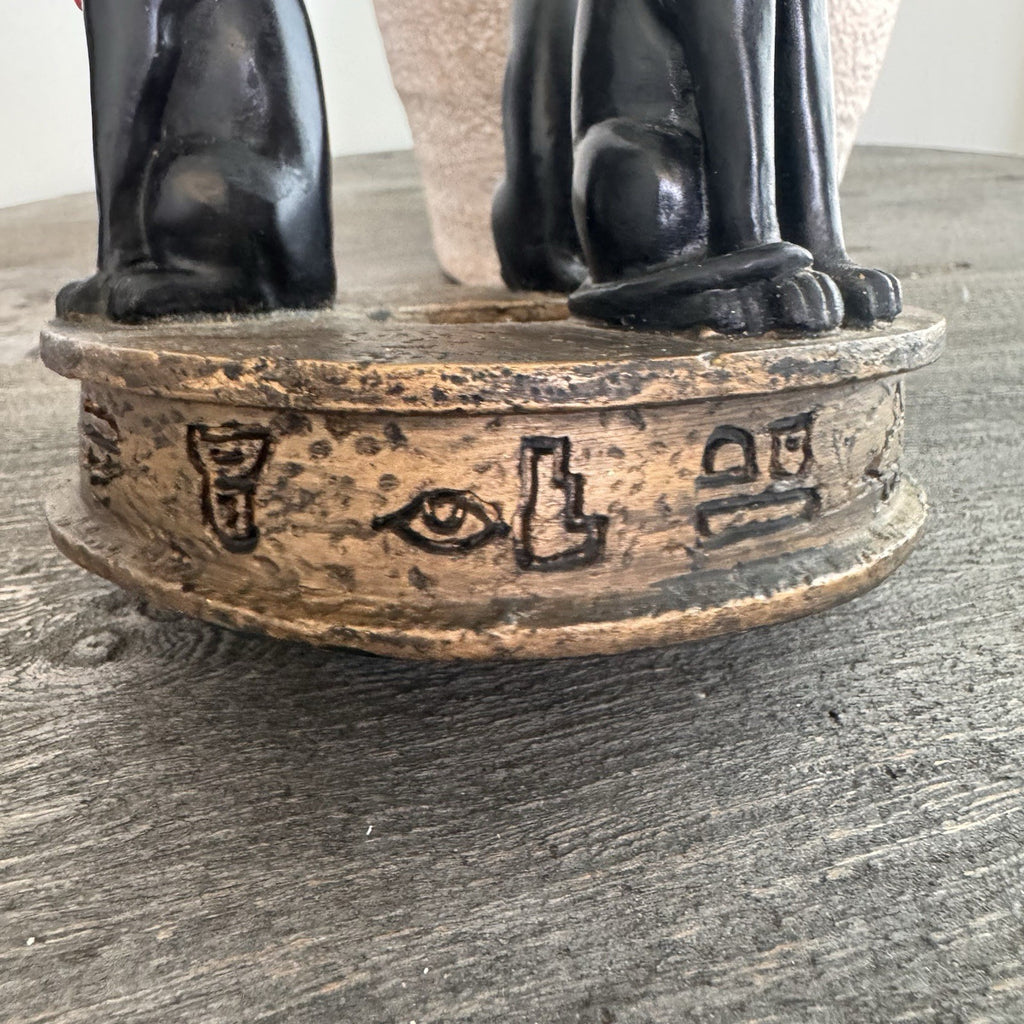 Egyptian Bastet Cat Candle Holder Trio Black Gold Resin Hieroglyphics Base