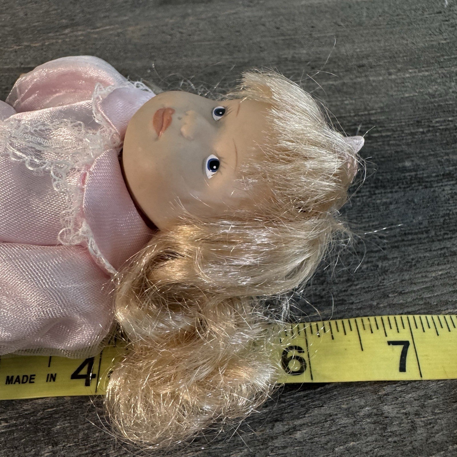 Vintage Bisque Porcelain Doll 7" Blonde Curls Pink Satin Lace Dress & Faux Pearl