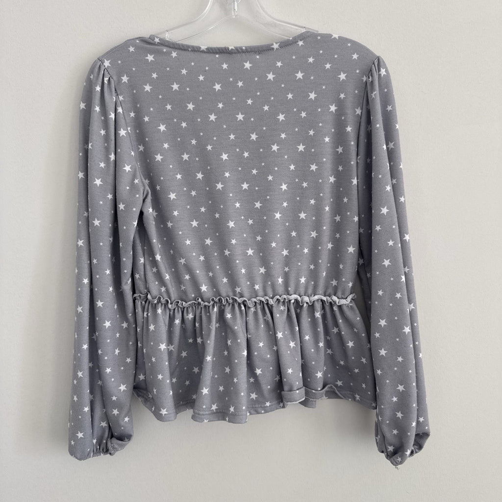 Altar'd State Womens BOHO Star Print Peplum Top Small Gray Tie Neck Puff Sleeve