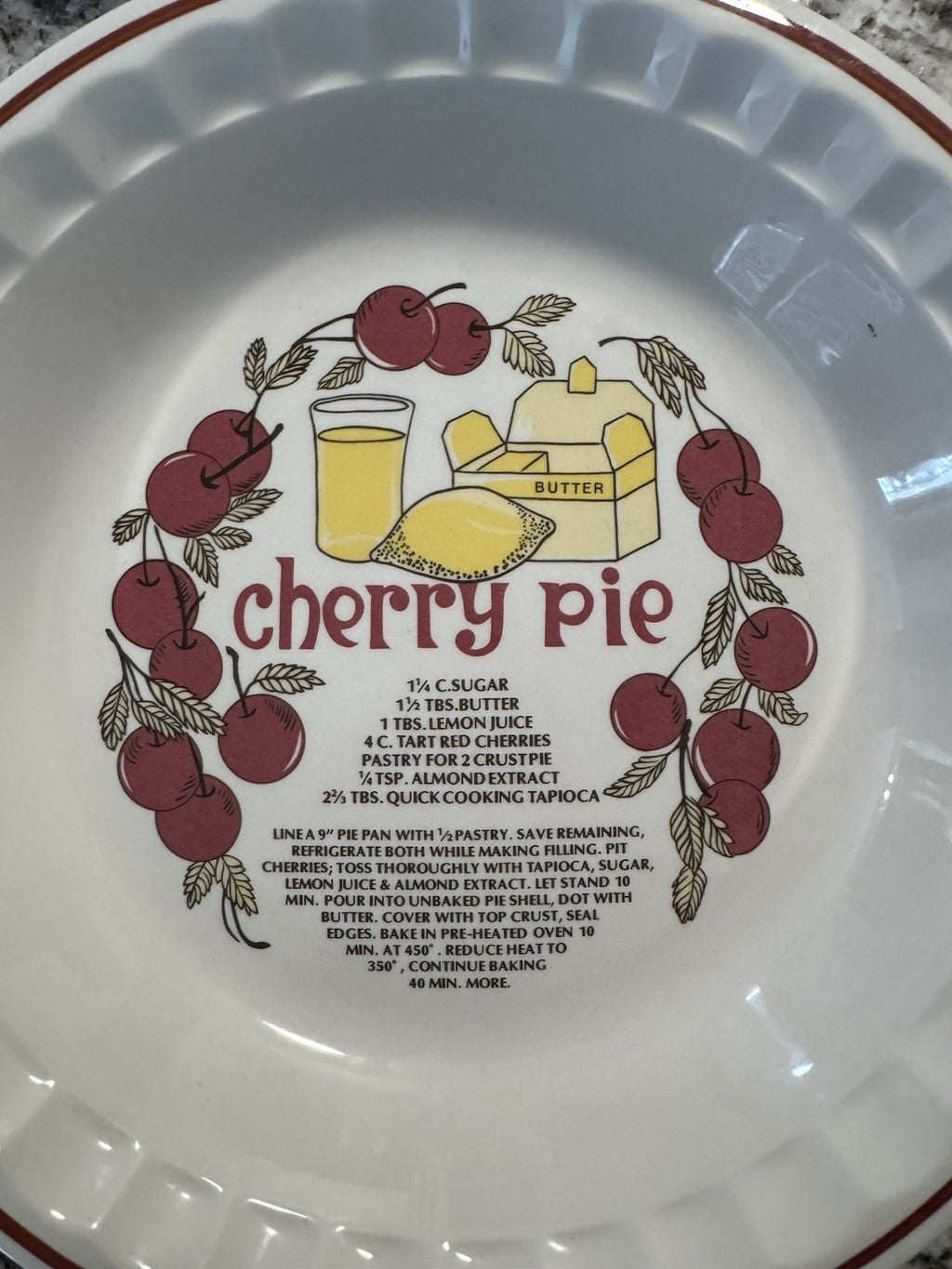 Vintage Hankook Korea Ceramic Deep Dish Cherry Pie Plate With Printed Recipe