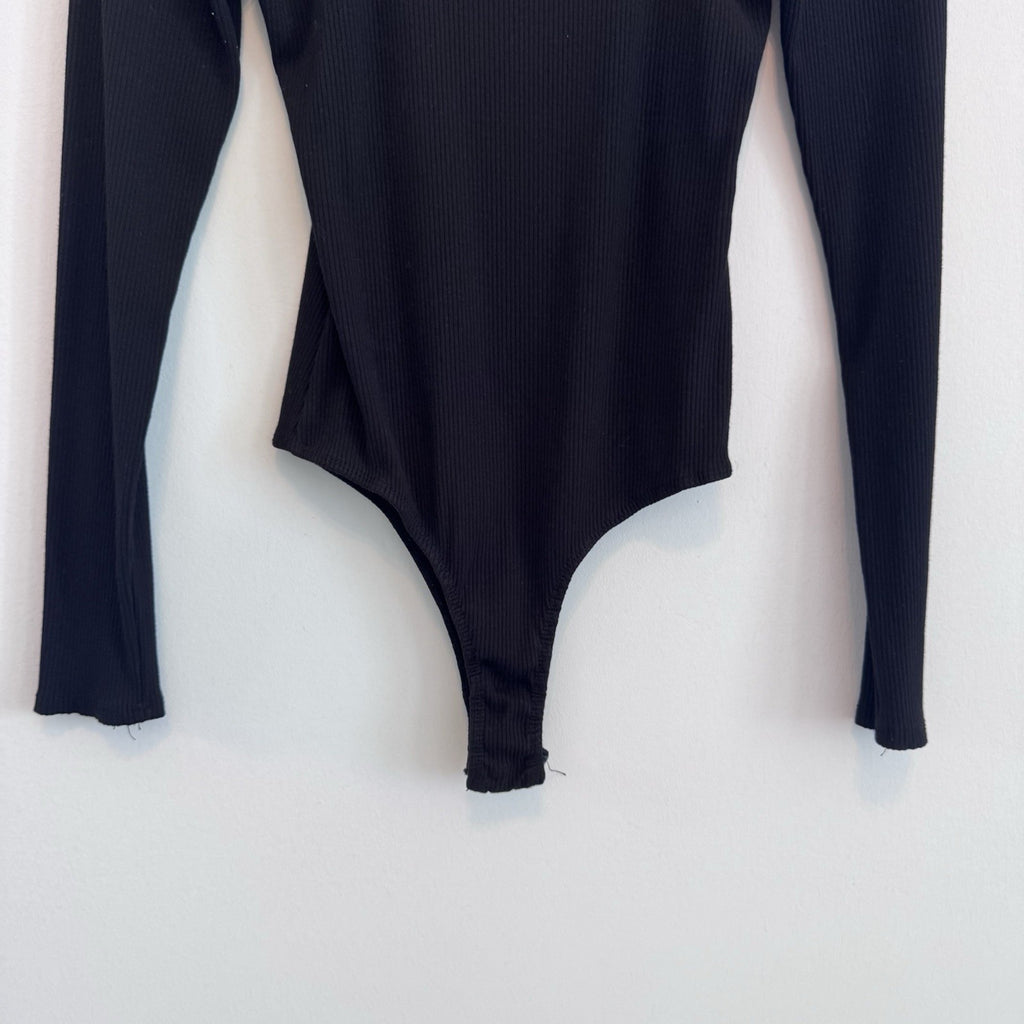 Altar’d State Black Ribbed Bodysuit M Square Neck Long Sleeve Stretch