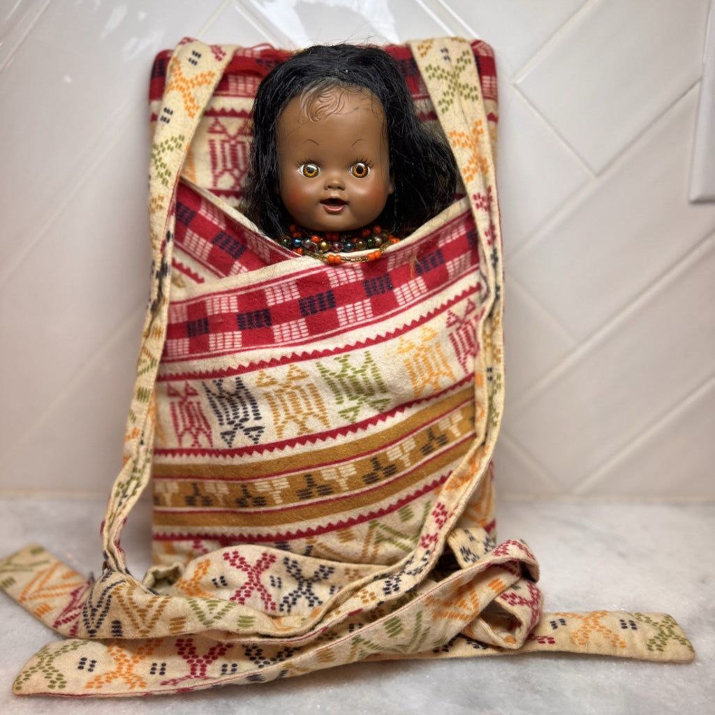 Vintage Native American Style Papoose Doll Sleepy Eyes Beaded Woven Cradleboard