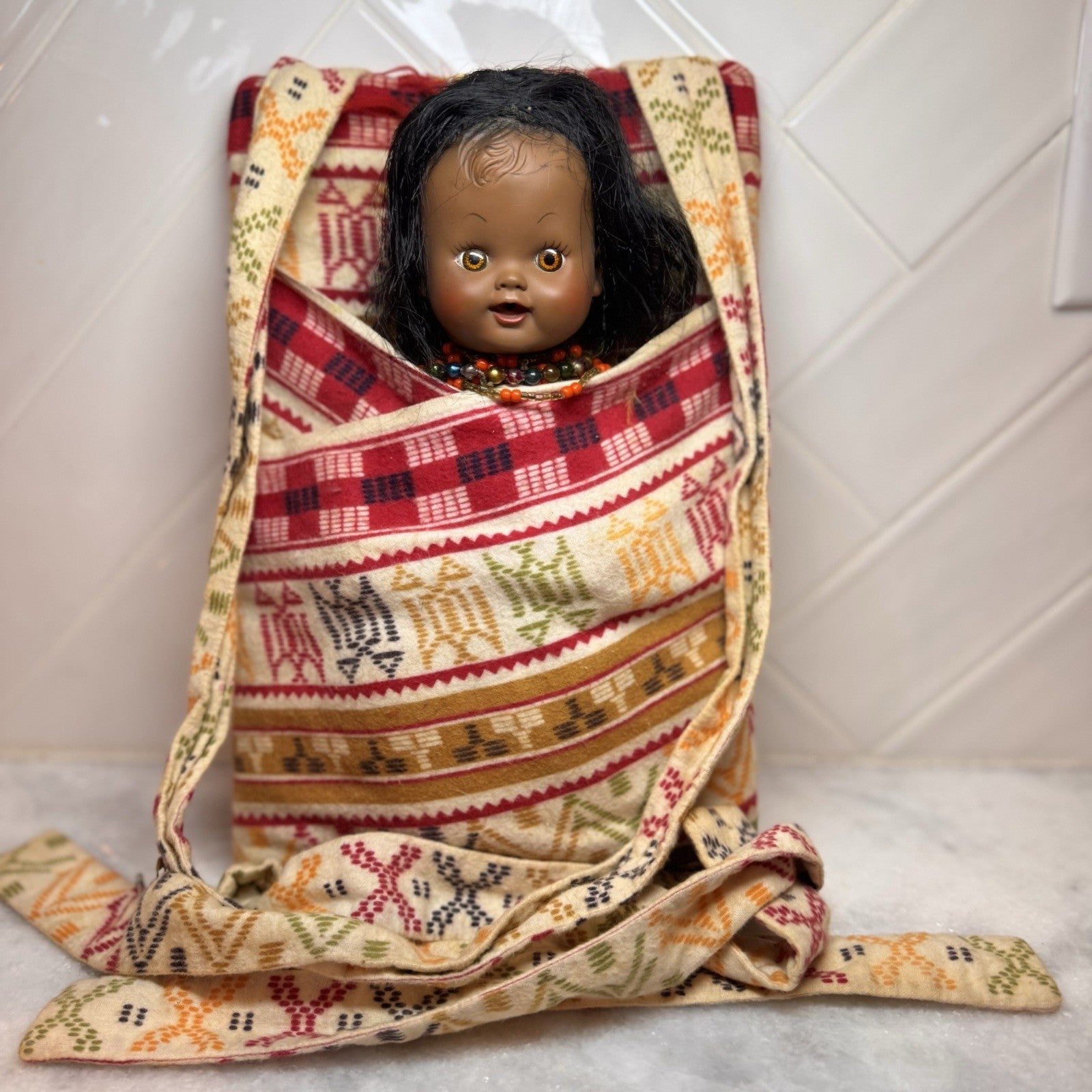Vintage Native American Style Papoose Doll Sleepy Eyes Beaded Woven Cradleboard