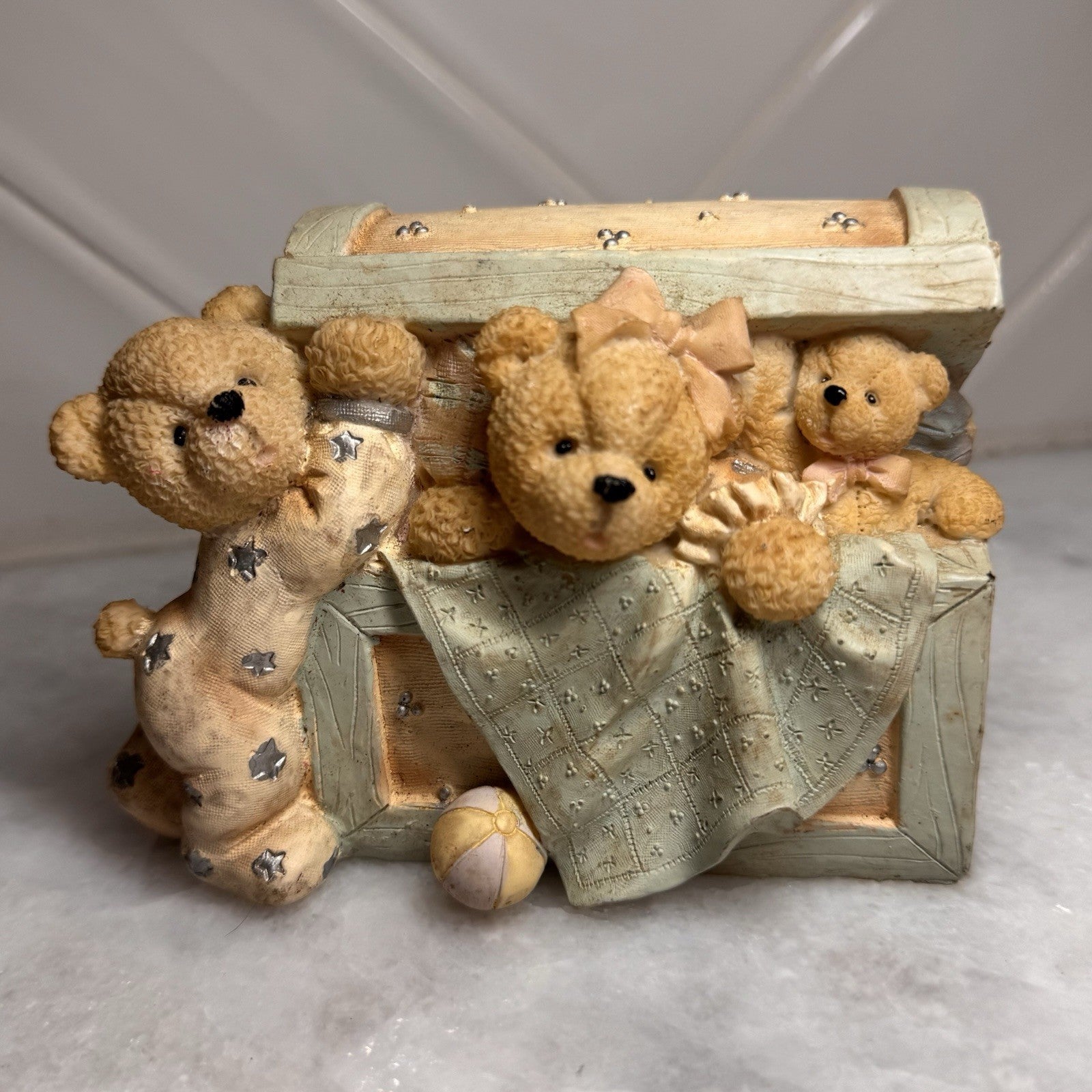 Vintage Teddy Bear Toy Chest Coin Bank Nursery Decor Resin Y2K