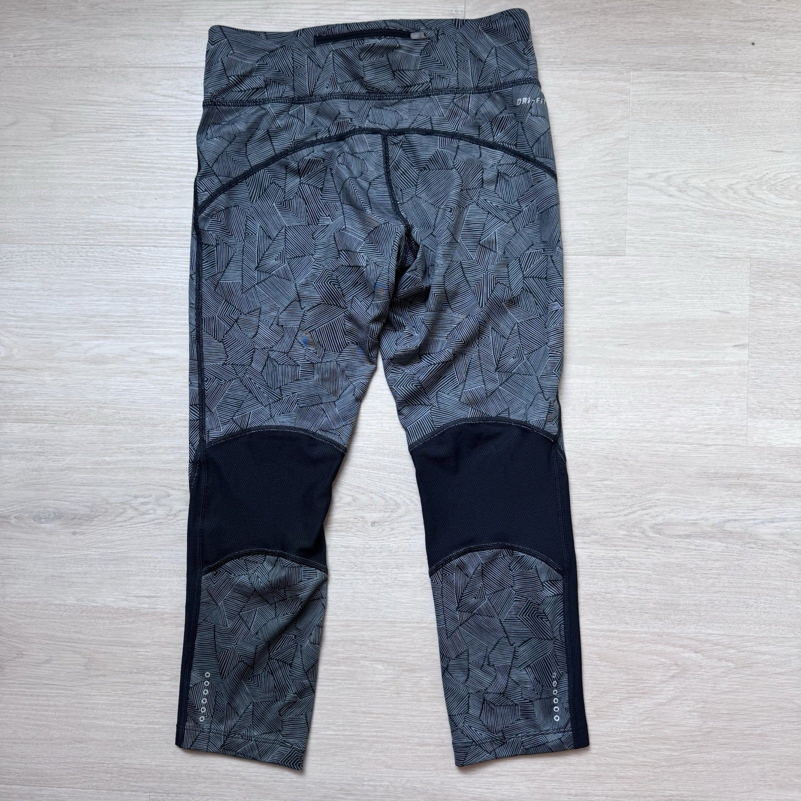 Nike Dri Fit Running Leggings Womens Small Gray Black Print Drawstring