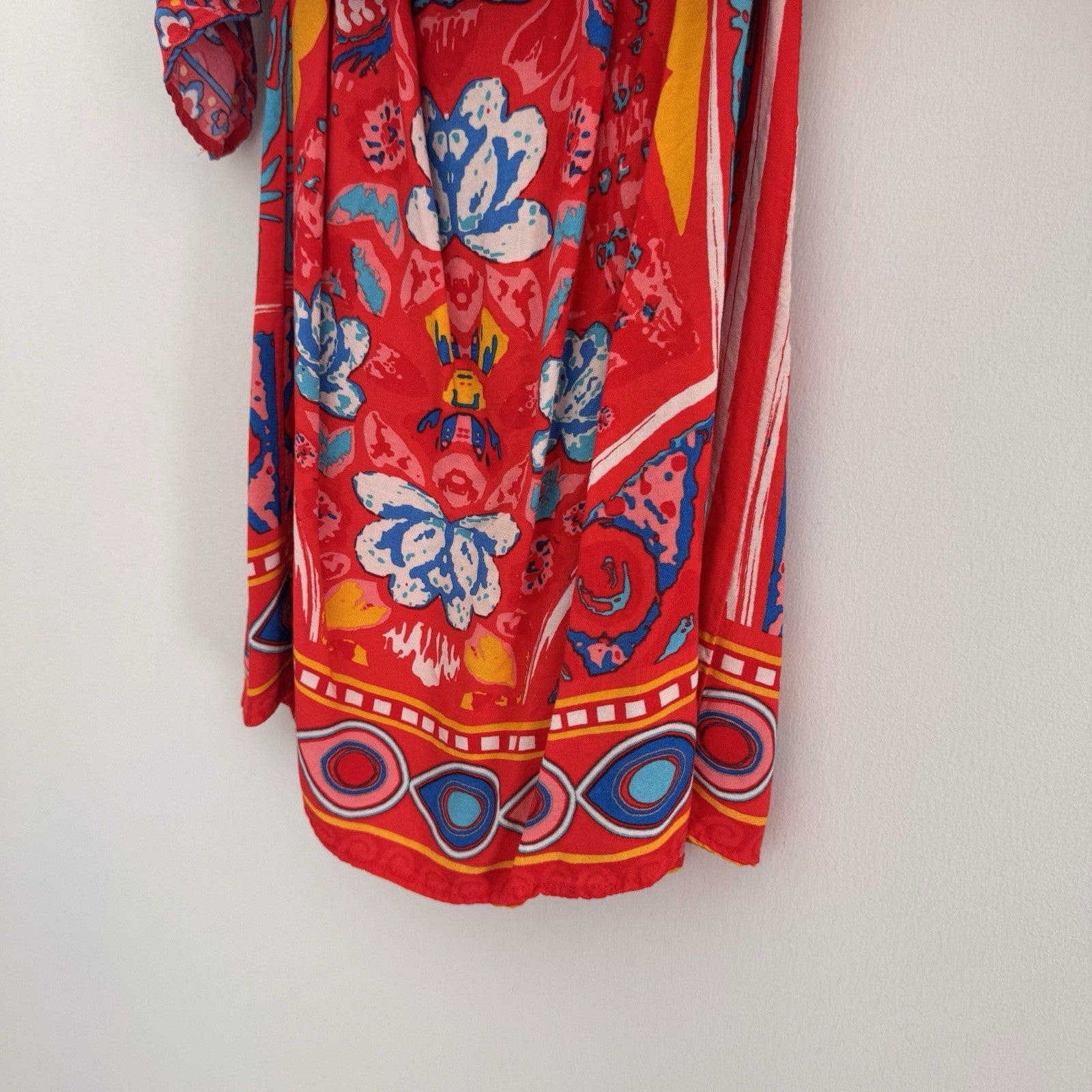 Flying Tomato Red Boho Floral Dress Women's XS Off the Shoulder Ruffle Rayon
