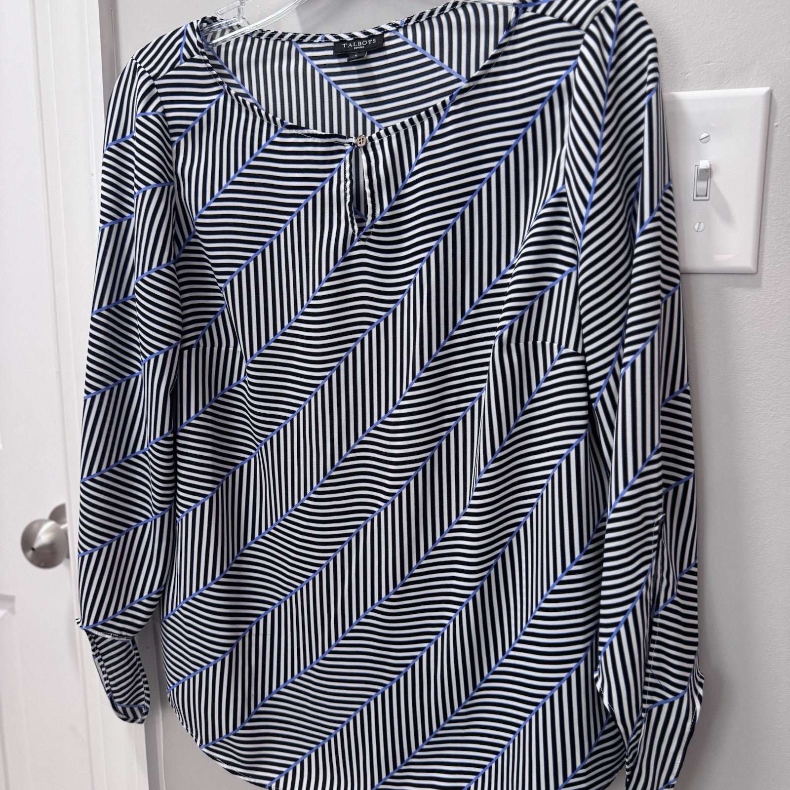 Talbots Petites Small Blouse Black White Stripe Geometric Long Sleeve Top