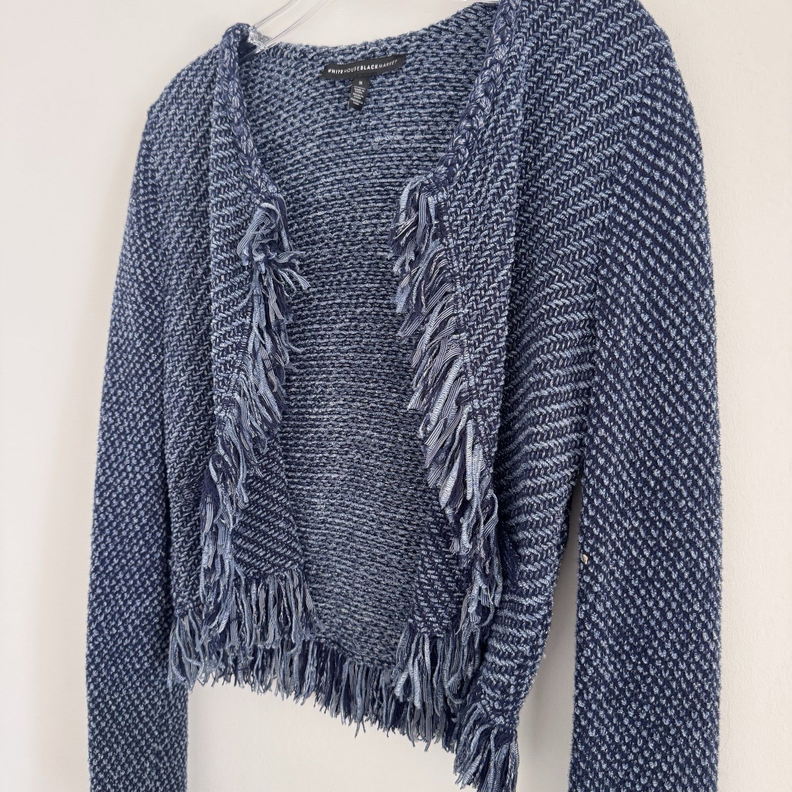 White House Black Market Fringe Knit Cardigan Blue Small Open Front