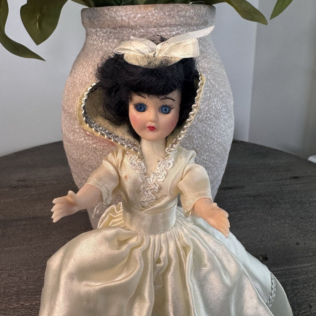 Vintage 8" Sleepy Eye Bride Doll Cream Satin Gown Silver Trim Made in China