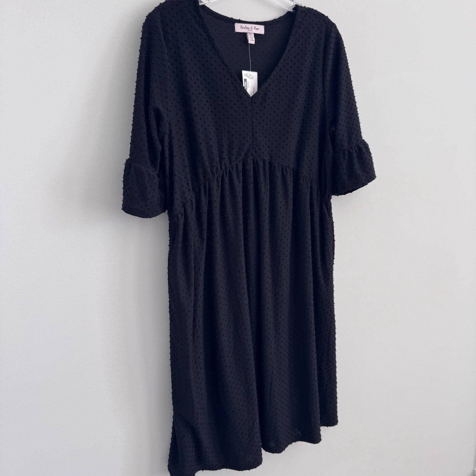Harlow & Rose Petite Black Swiss Dot Dress PL NWT V Neck Midi