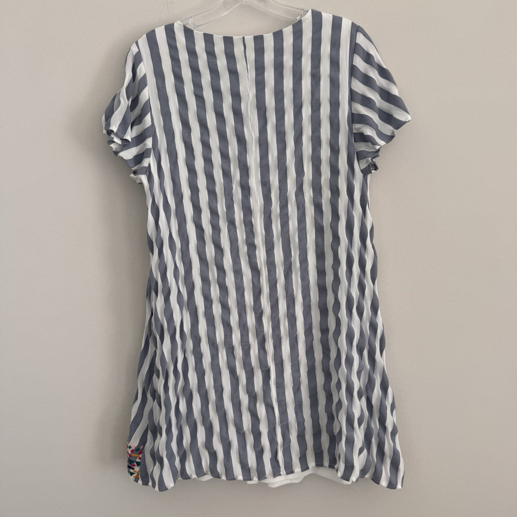 Savanna Jane Striped Embroidered Dress Women's Size L V-Neck Boho Blue White