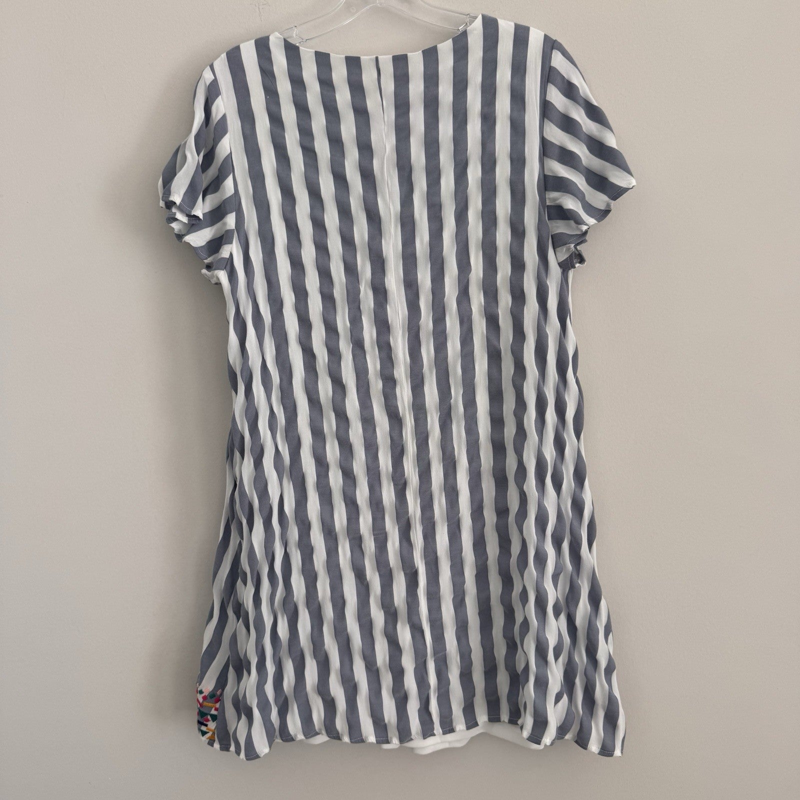 Savanna Jane Striped Embroidered Dress Women's Size L V-Neck Boho Blue White