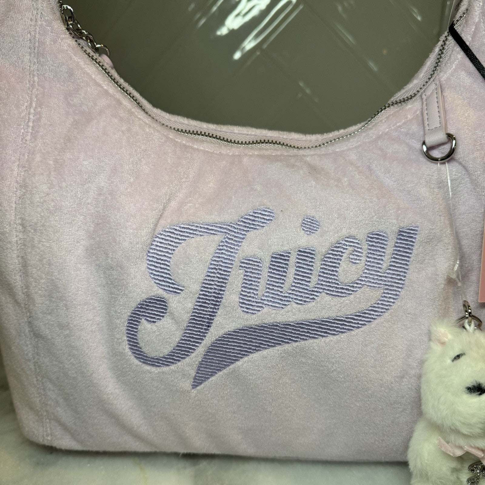 Juicy Couture Too Cute Hobo Bag Lilac Mist Velour Shoulder Bag Bear Charm NWT